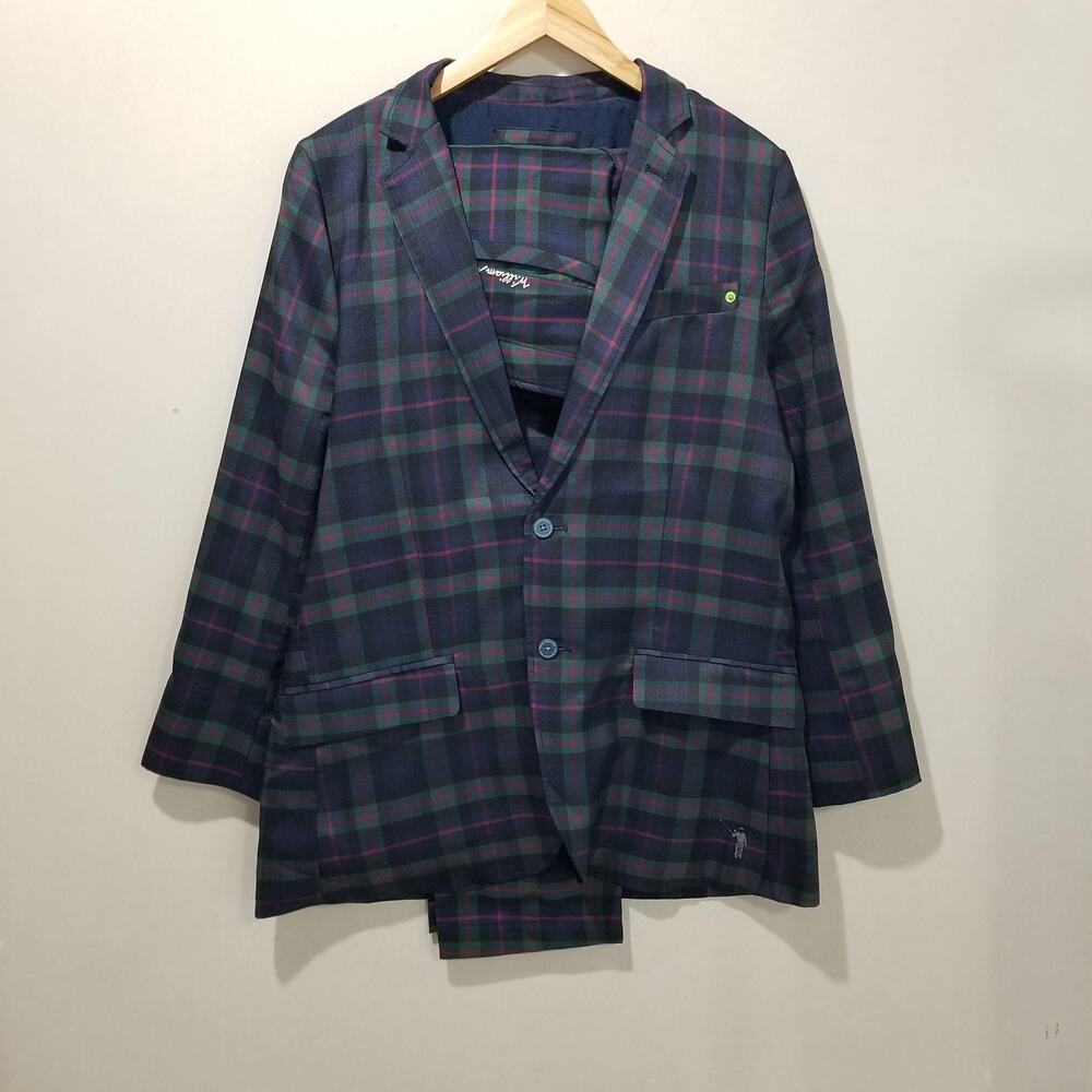 William Murray Golf Suit Mens Medium Blazer 32 Pants Green Navy Plaid Stretch